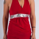 Lipstick Red Halter Cross-Front Top with Band of Silver Sequins at Empire Waist S1648XS