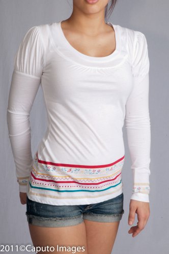 White Scoopneck Tee w/ Renaissance Sleeves w/ Floral & Striping at Hem & Cuffs S1682M
