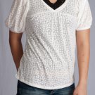 Above Bust Pleated Short Puffed Sleeve Sheer White Polka Dot Patterned Top S1658M