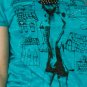 Short Sleeve Top in Aqua Blue w/ Black Cafe de Love Graphic Print & Rhinestones S1047S