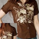 Juniors Small White Floral Graphic Rolled Short Sleeve Button Down Blouse S1037S