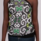 Geometric Print in Greens, Gray, & White with Black Trim Tie in Back Halter S1693S