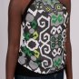 Geometric Print in Greens, Gray, & White with Black Trim Tie in Back Halter S1693S