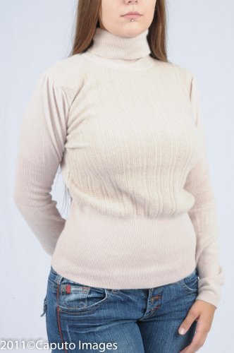 Light Beige Wool Blend Long Sleeve Turtleneck w/Texturing & Gold Metallic Thread S1737L