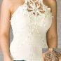 Beautiful Knit Halter w/ Crochet Lace Bust Threaded Ribbon & Rhinestone Details S1108M