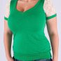 Bright Green V-Neck Knit  with Short Sleeve Cream Floral Lace S1503L
