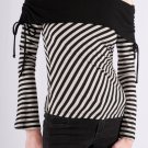 Off-Shoulder L/S Top in Black & Gray Striped Fabric w/ Flip Trim at Neck & Ties S1525S