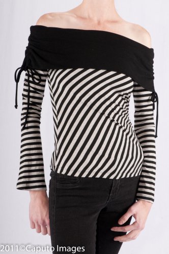 Off-Shoulder L/S Top in Black & Gray Striped Fabric w/ Flip Trim at Neck & Ties S1525S