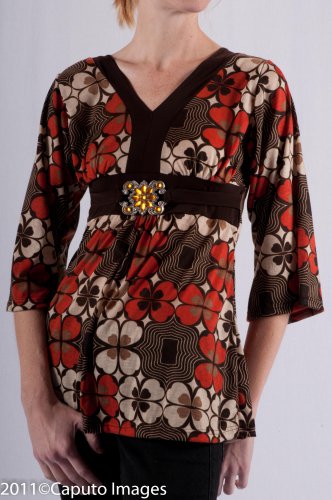 Retro Style Empire Waist V-Neck 3/4 Sleeve Top w/ Jeweled Hardware Front Details S1557S