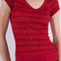 Short Sleeve Open Weave V-Neck Multicolor Red Horizontal Striped w/ Banded Hem S1538S