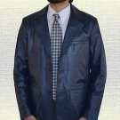 Men Official Casual  Handmade Genuine Blue Leather Blazer Coat all size S-5XL