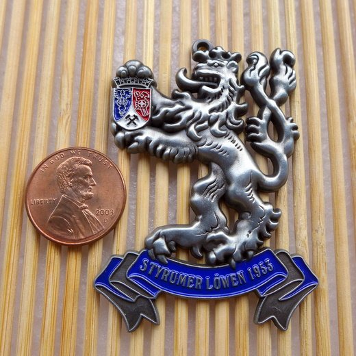 VINTAGE metal enamel car Lion Logo Badge Emblem styrumer lowen 1953