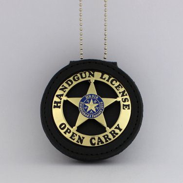 Open Carry Permit Handgun License Metal Badge  2 1/4 Inch & Holder