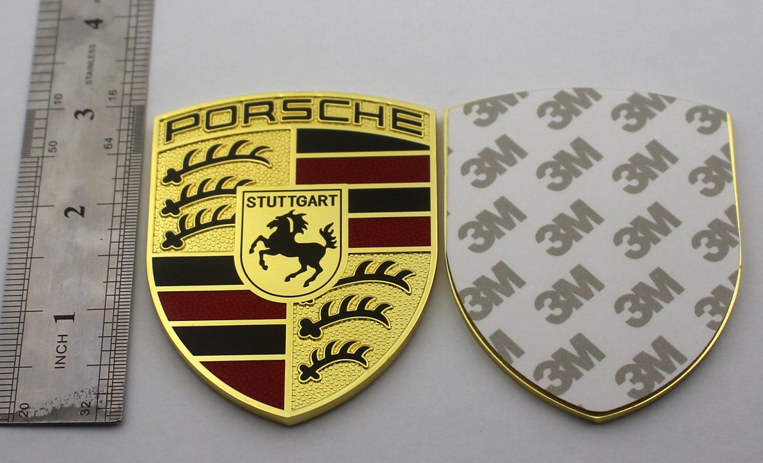 Porsche Crest Metal Car Emblem 3 Inch Tall Sticker Gold