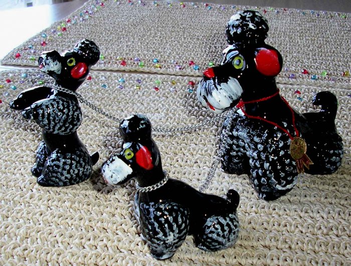 3 Vintage Chained Poodle Porcelain Figures MADE IN JAPAN!