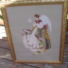 VICTORIAN ANGEL FEEDING DOVE FRAMED NEEDLEPOINT - GORGEOUS WOODEN FRAME with GOLD LEAF DESIGN!