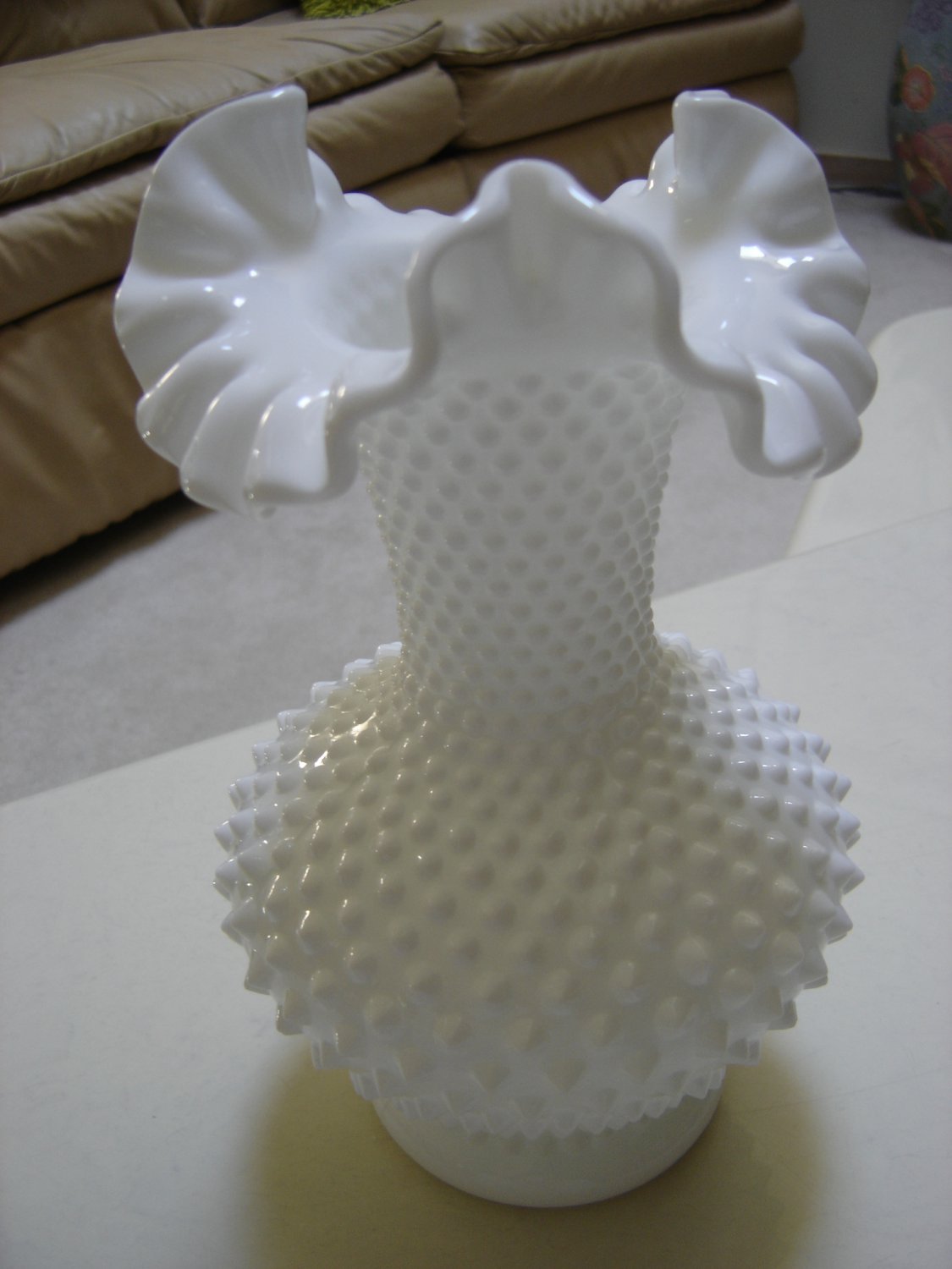 Vintage Fenton White Milk Glass Hobnail Ruffled Edge Large Vase Signed Exquisite