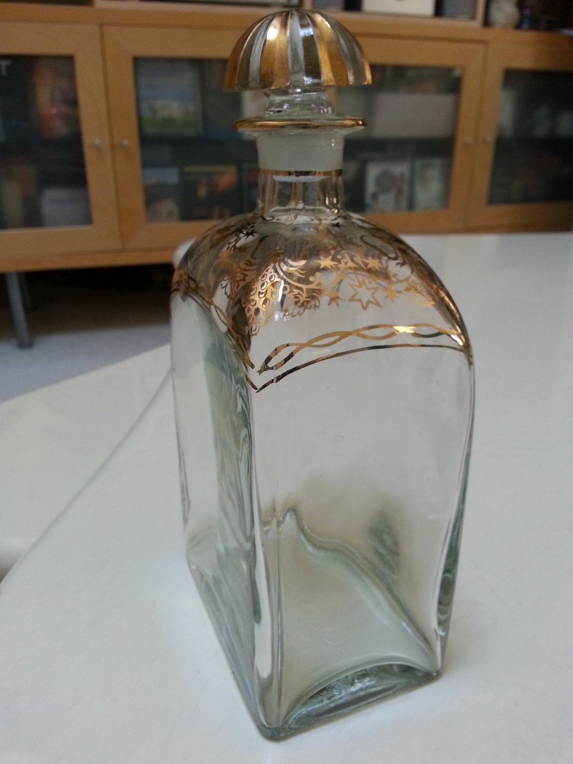 Vintage Decanter Spanish Glass Hand Painted Gold Deco Liquor Bottle!