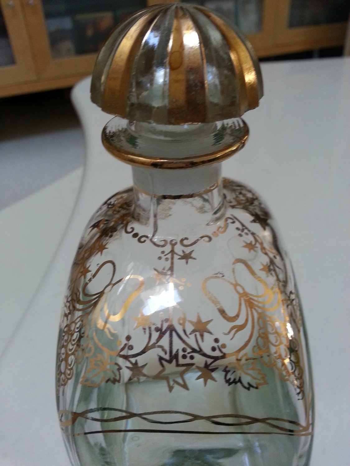 Vintage Decanter Spanish Glass Hand Painted Gold Deco Liquor Bottle!