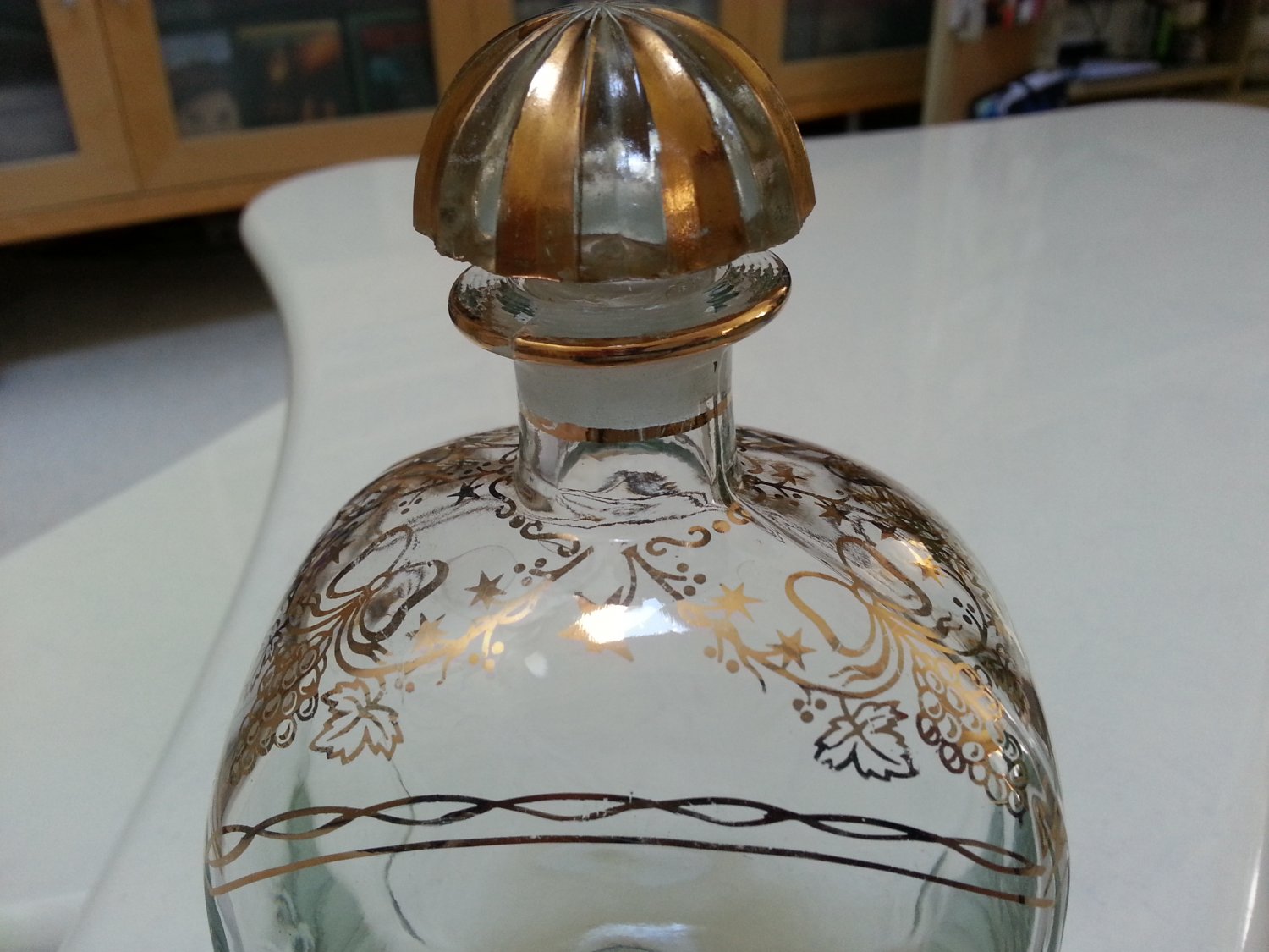 Vintage Decanter Spanish Glass Hand Painted Gold Deco Liquor Bottle!