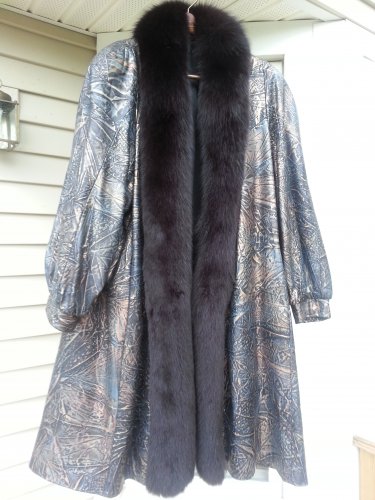 Black And Bronze Leather Swing Coat With Fox Trim Plus