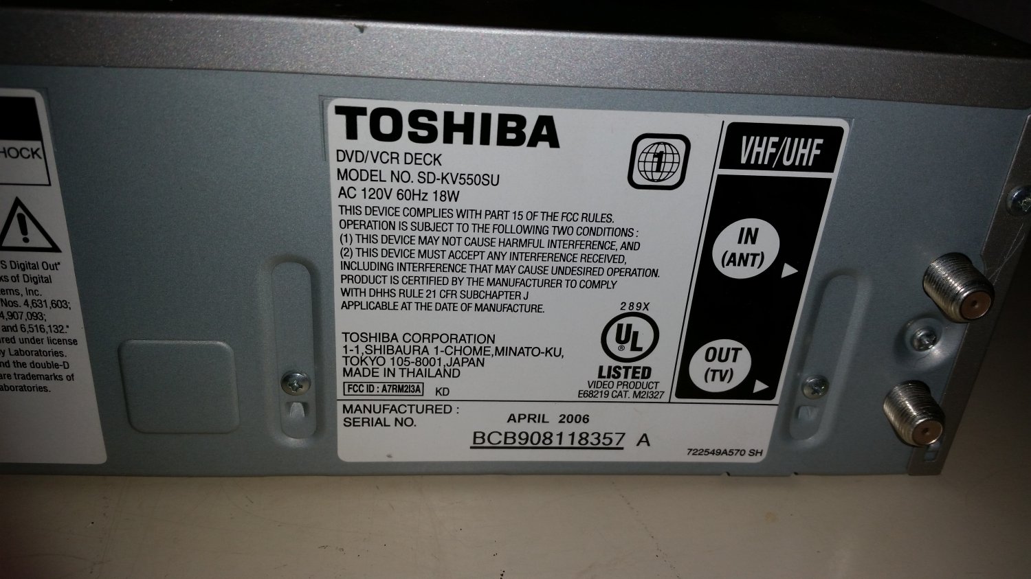 TOSHIBA SDKV550 SU DVD Player with DVD/VCR tuner with REMOTE & MANUAL!