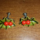 Vintage Christmas Green Celluloid Holly Leaves Red Berries Screwback Earrings - 1950's!