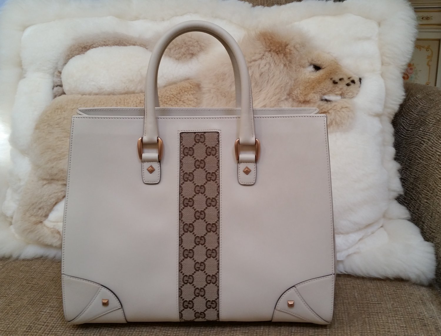 GUCCI Nailhead Tote Leather Handbag with Signature GG Canvas- #120897 ...