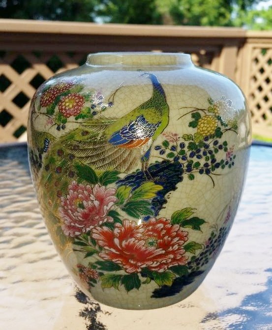 Satsuma Ginger Jar Vase Hand Painted Peacocks design - 5-1/2