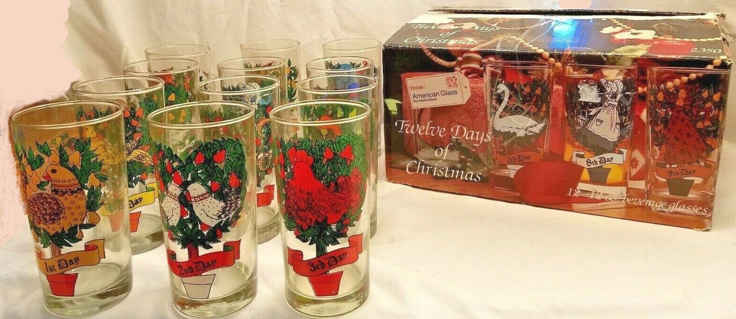 COMPLETE SET 12 Days of Christmas Glasses by American Glass