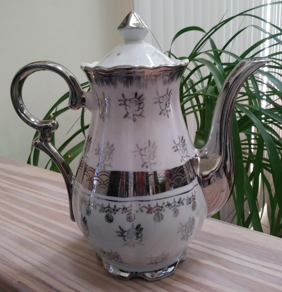 Sterling China White with Silver Painting 71/2" Teapot or Pitcher Made