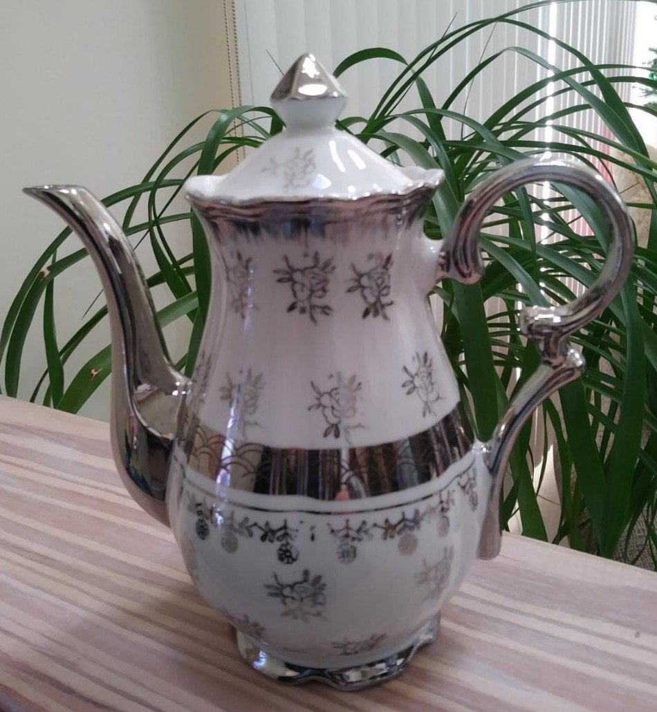 Sterling China White with Silver Painting 71/2" Teapot or Pitcher Made