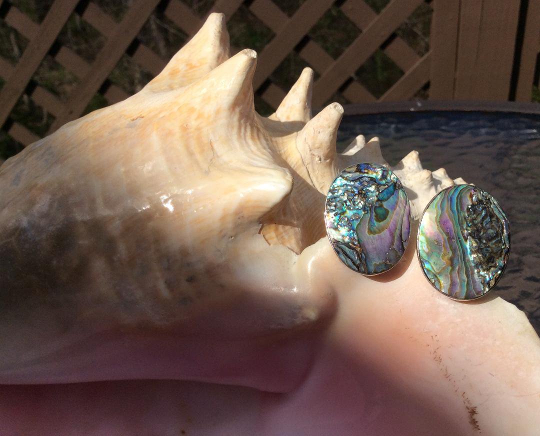 Vintage Abalone Shell Inlay Oval .925 Sterling Silver Push Back Button ...