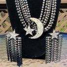 Vintage Moon Star adorned 6 Strand Choker Necklace and Earring Set - BOLD & BEAUTIFUL!