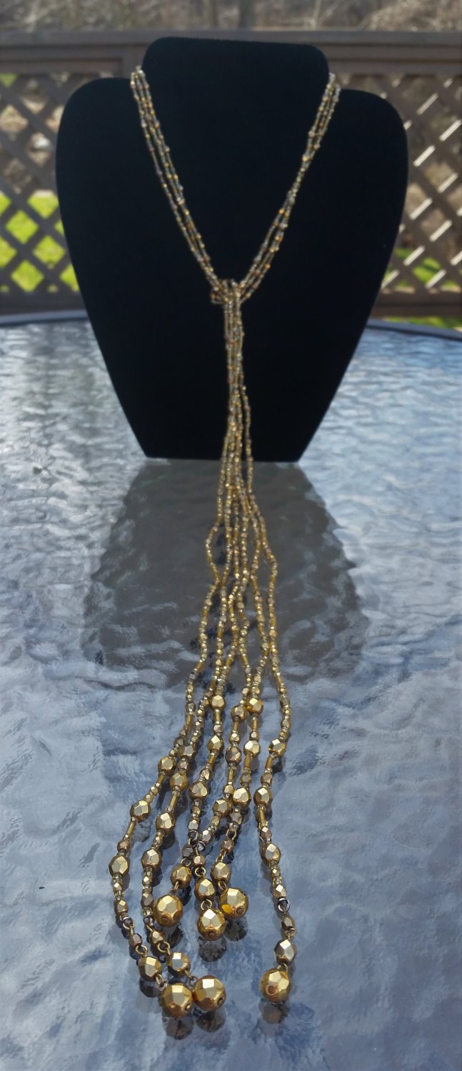 Vintage Art Deco Long Gold Triple Strand Bead and Tassel 46" Belt/Necklace!