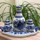Russian Gzhel Hand-Painted Condiment Serving Set - 2 Shakers, 1 Bottle with Top & 1 Tray! Russian Gzhel Hand-Painted Condiment Serving Set - 2 Shakers, 1 Bottle with Top & 1 Tray!