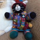 Adorable Stuffed Wool Cat with Hand Knitted Winter Outfit - Skirt, Sweater, Hat, Scarf and Booties!