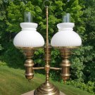 Vintage Double Brass Parlor Banquet 2 Way Hurricane Milk Glass Student Lamp!