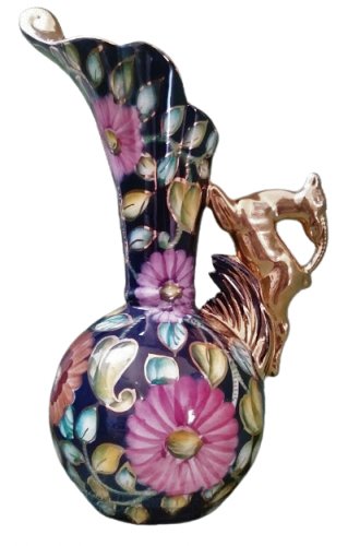 Vintage 1940's Hand-Painted H.Bequet Quaregnon of Belgium Majolica Vase w/ Gazelle Handle on rt #302