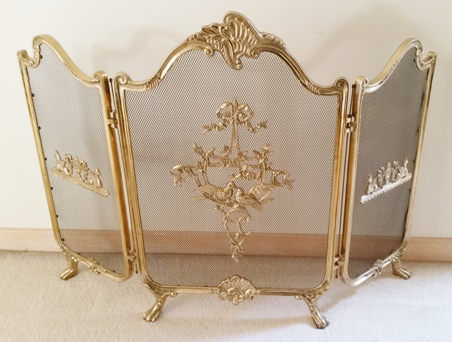 Three Panel Fold Ornate Fully Cast Solid Brass Fireplace Screen by