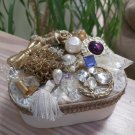 Vintage Fabric Covered Trinket Box Embellished with Beads, Jewels & Trinkets!
