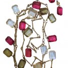 Vintage Dangling Yellow, Red, Green Faceted Lucite Rectangles 64" Necklace and Earring Set!