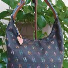 Dooney & Bourke Charcoal w/ Allover Multi Logo Saddle Leather Trim, Hobo Bucket Style Handbag! Dooney & Bourke Charcoal w/ Allover Multi Logo Saddle Leather Trim, Hobo Bucket Style Handbag!
