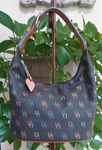 Dooney & Bourke Charcoal w/ Allover Multi Logo Saddle Leather Trim, Hobo Bucket Style Handbag!