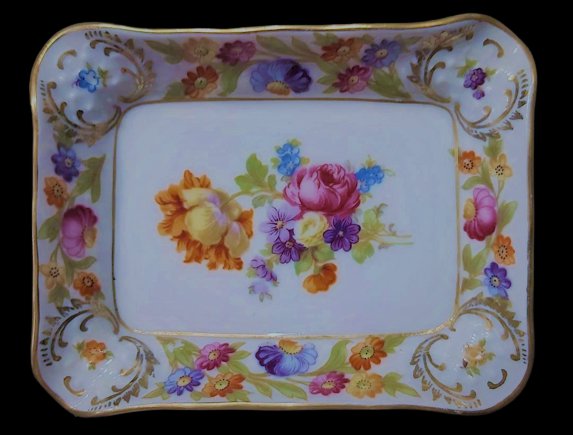 Schumann Bavaria Germany Empress Dresden Flowers 4" Rectangular Ashtray - Fuzzy Orange