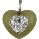 Large Sterling Silver Heart Shaped Green Tourmaline Enhancer Pendant with Rhinestone Heart Center!