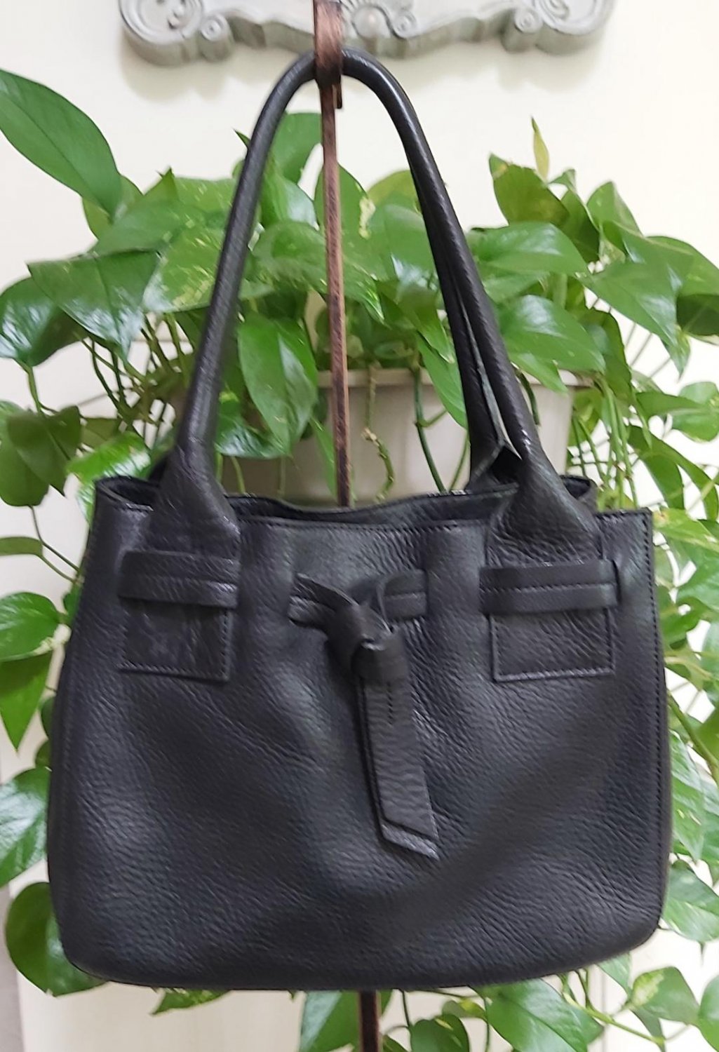 Talbots Black Pebble Leather Handbag Purse w Twisted Knot Drawstring ...