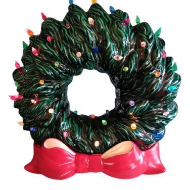 Vintage Green Ceramic Red Bow Base Wreath Multi Color Lighted Christmas Decor!