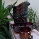 Vintage Imperial Grape Pattern Iridescent Amethyst Carnival Glass Water Pitcher w 3 Cups!