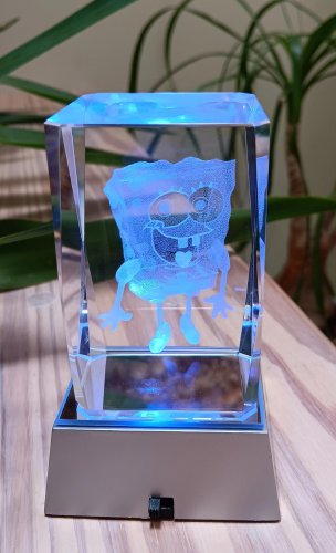 Spongebob Squarepants 3D Laser Etched Crystal Cube w Color Light Up LED Base!